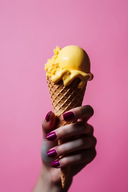 Un cône de crème glacée fondant dans la main d'une femme généré par l'IA