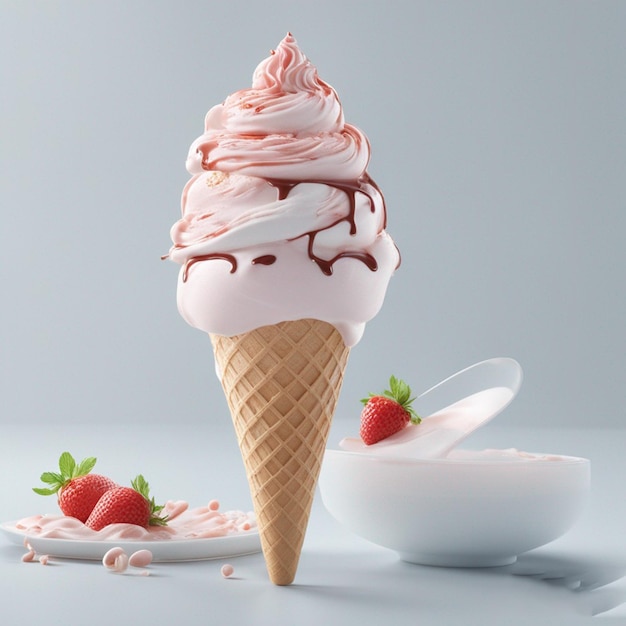 Un cône de crème glacée avec des fraises et une cuillère