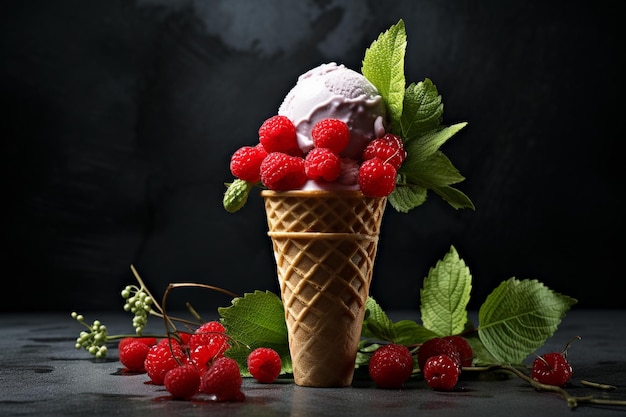 un cône de crème glacée avec des framboises et un fond noir.