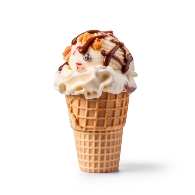 Le cône de crème glacée isolé sur fond blanc est un délicieux et délicieux régal.