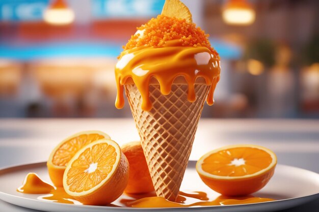 Photo un cône de crème glacée orange avec des éclaboussures et beaucoup de délicieuse sauce orange