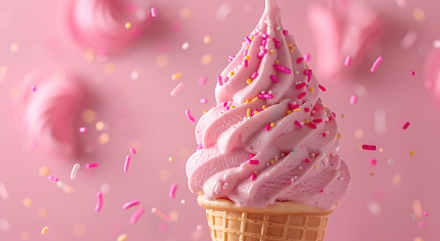 Cone de crème glacée rose avec des éclaboussures sur fond rose Concept de nourriture d'été