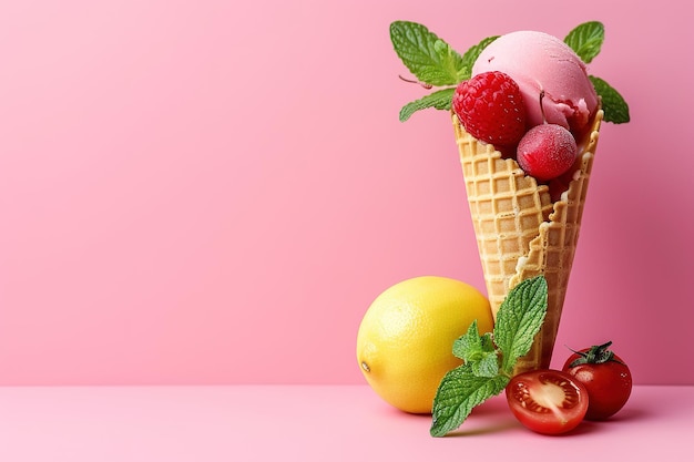 Un cône de crème glacée surmonté de légumes frais, de fruits et de citron présenté dans un style plat