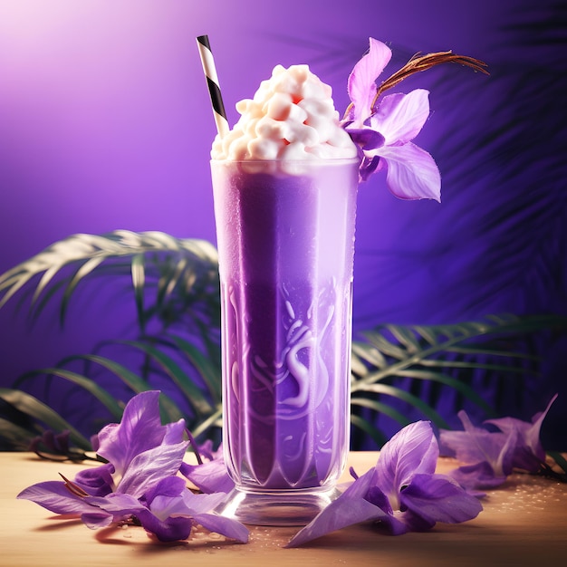 Un cône de crème glacée violet et blanc est assis sur une table avec des fleurs violettes