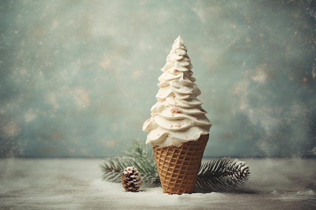 Cone de crème plat avec de la neige et un arbre de Noël sur un fond texturé