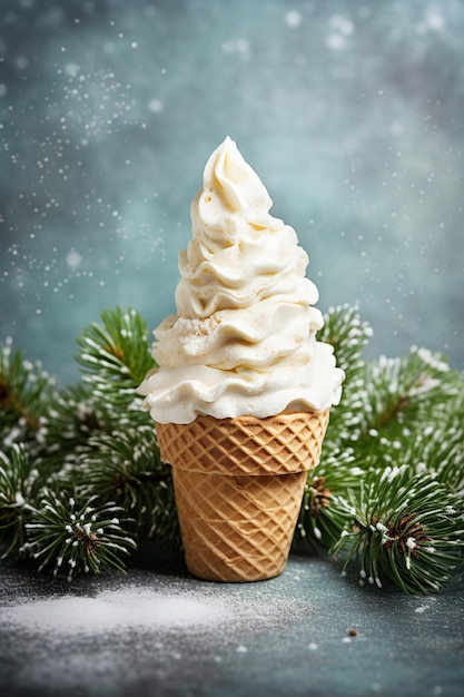Cone de crème plat avec de la neige et un arbre de Noël sur un fond texturé