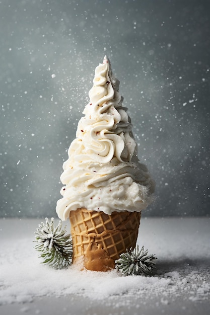 Cone de crème plat avec de la neige et un arbre de Noël sur un fond texturé