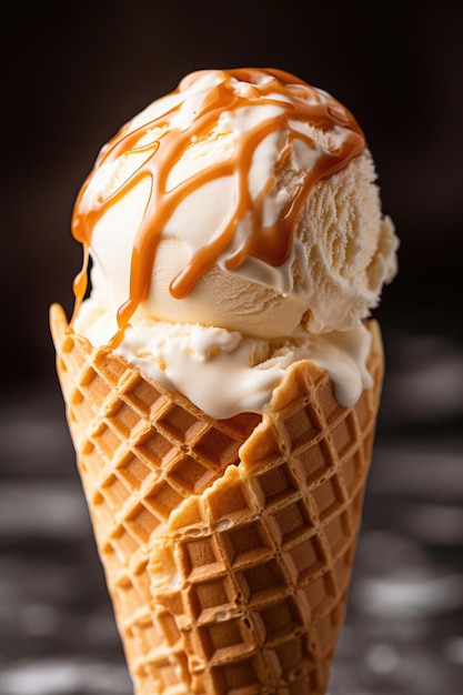 Un cône de gaufre avec une boule de glace à la vanille avec une sauce au caramel sur le dessus.