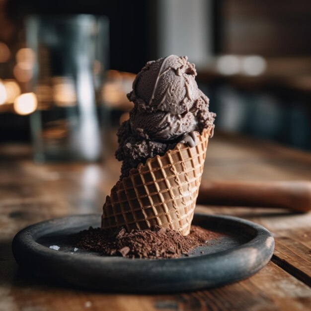 Cône de gaufre à la crème glacée au chocolat riche Image AI générative