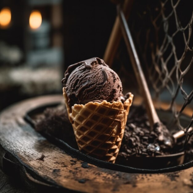 Cône de gaufre à la crème glacée au chocolat riche Image AI générative