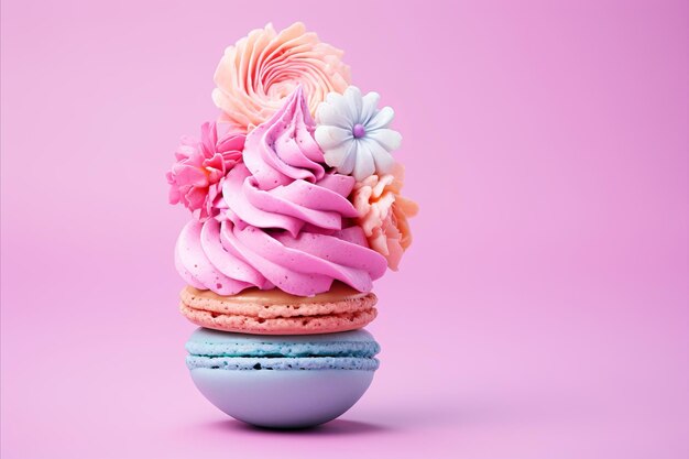 Photo cone de gaufre sucrée avec macaron sur fond rose pastel pour dessert ou collation