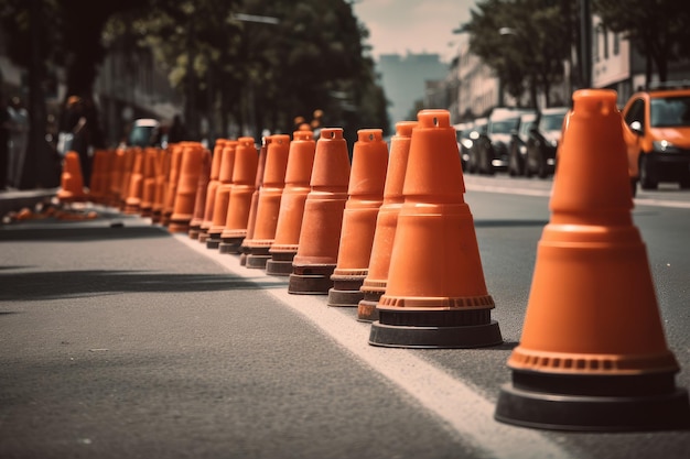 Photo cônes de circulation alignés dans une rue animée