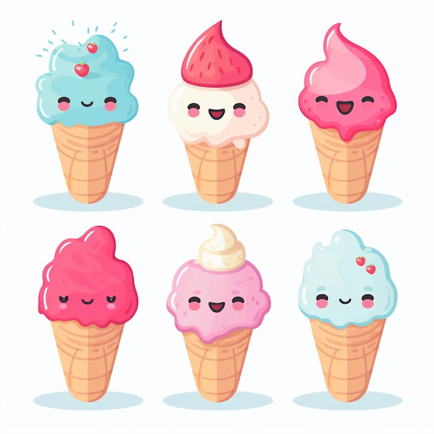 Photo des cônes de crème glacée de dessins animés avec des saveurs et des visages différents
