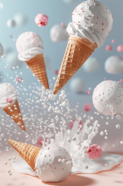Photo des cônes de crème glacée dynamiques en lévitation avec du lait et des éclaboussures volantes
