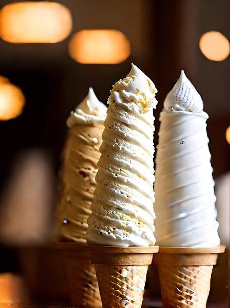 Photo des cônes de crème glacée réalistes dans une palette de couleurs neutres avec un éclairage chaud créent une atmosphère très détaillée et confortable dans ce restaurant sans personnes générative ai générée