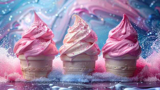 Des cônes de crème glacée rose et blanche avec des éclaboussures