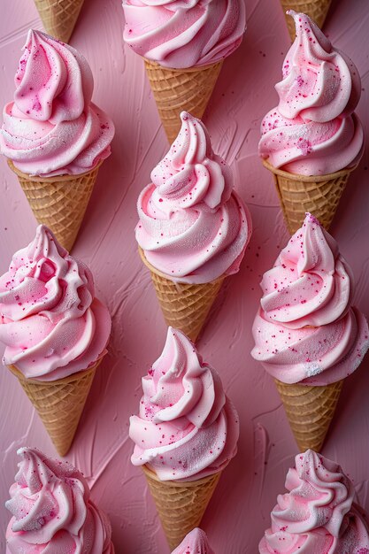 Des cônes de crème glacée roses sur un fond pastel