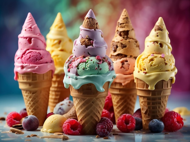 Photo des cônes de crème glacée sucrée colorés