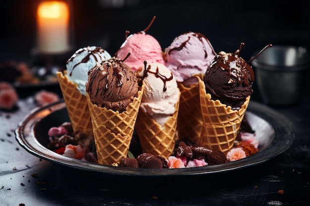 Des cônes de gaufres avec de la crème glacée sur assiette et des cônes vides