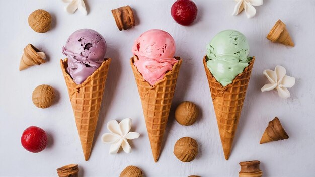 Photo des cônes de gaufres croustillantes et de la crème glacée sur un fond clair