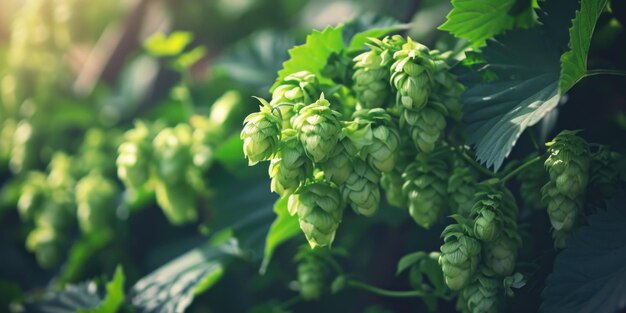 Photo des cônes de houblon frais, éclairés par le soleil, prêts à la récolte