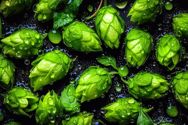 Cônes de houblon frais vert pour faire de la bière et du pain gros plan Ai généré