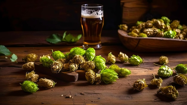 Cônes de houblon sur une table en bois journée internationale de la bière générée par l'IA