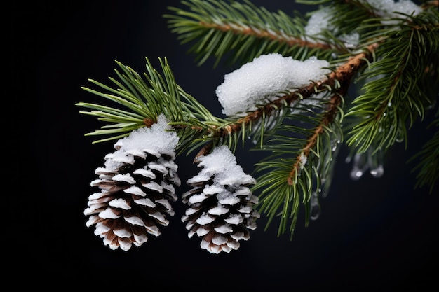 Photo des cônes de pin sur une branche avec de la neige