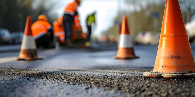 Photo cones de sécurité floues construction routière fond concept d'entretien routier réparation routière