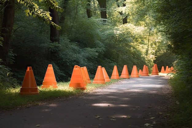 Cônes de signalisation dans un magnifique cadre naturel entouré d'arbres et de verdure