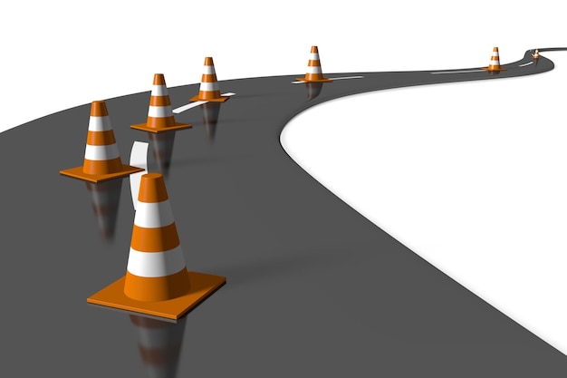 Cônes de signalisation orange et blanc et route sinueuse illustration 3D