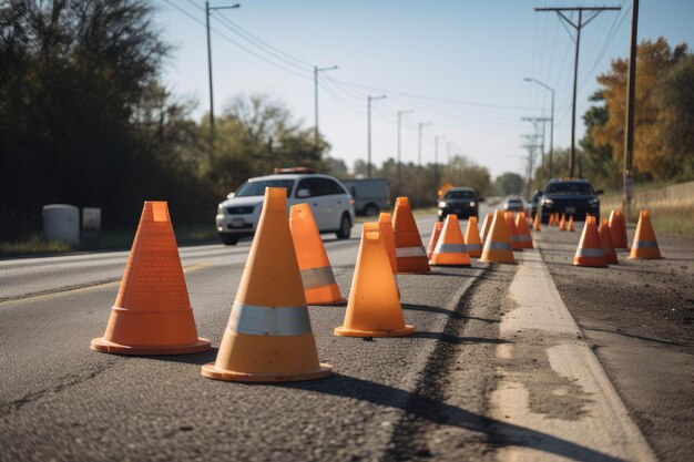 Cônes de signalisation et panneaux d'avertissement sur le bord de la route