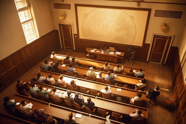 Photo conférence dans une grande salle d'auditorium universitaire à un groupe d'étudiants vue aérienne générée par l'ia académique