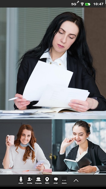 Conférence mobile Appel vidéo Webdiffusion professionnelle Capture d'écran d'une équipe commerciale féminine travaillant sur un projet en ligne dans un bureau virtuel