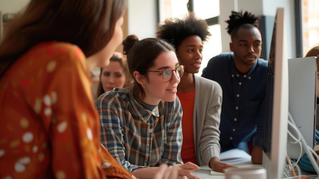 Photo un conférencier aide un chercheur à réaliser un projet en lui donnant des conseils sur son travail. un enseignant donne des leçons à un groupe multiethnique d'étudiantes et d'élèves dans une salle universitaire.