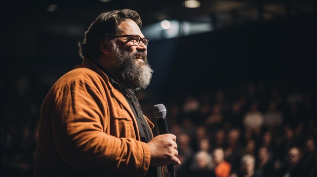 Un conférencier inspirant avec des lunettes s'adressant à une foule sous les projecteurs orange AI générative