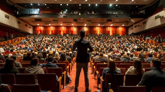 Un conférencier motivant engage le public lors d'un séminaire sur la réussite