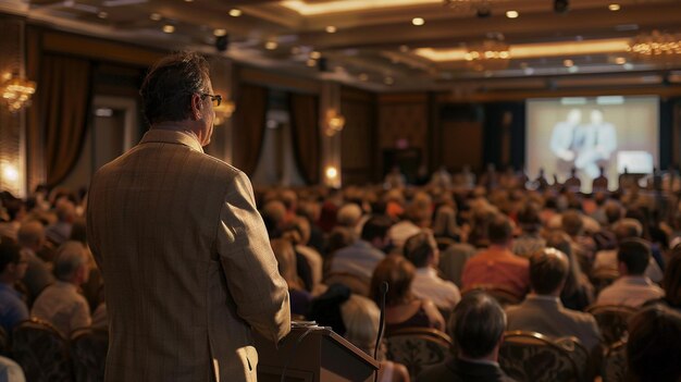 Un conférencier motivant engage le public lors d'un séminaire sur la réussite