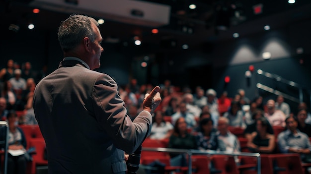 Un conférencier motivant engage le public lors d'un séminaire sur la réussite