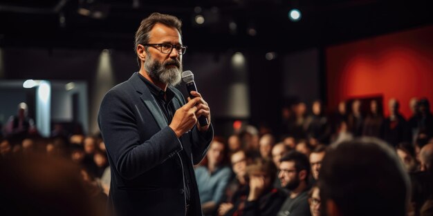 Un conférencier se produisant sur scène sous les projecteurs s'adressant à de nombreuses personnes dans l'auditoire est un professionnel de l'événement