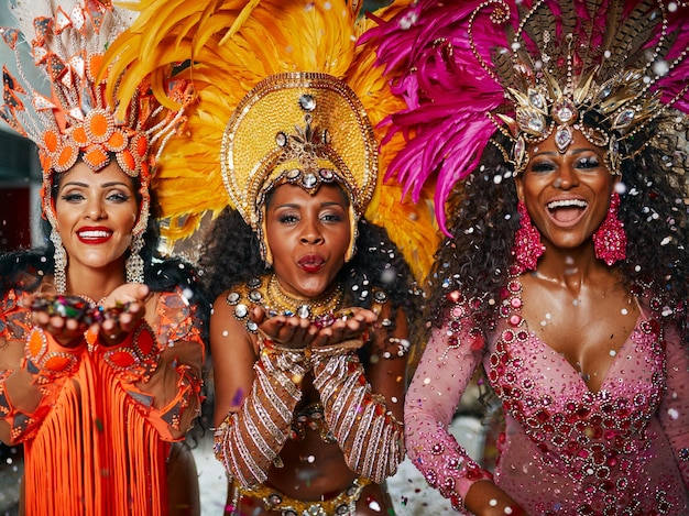 Confetti de danseuse et carnaval pour un événement artistique ou un festival de rue en tant que défilé ou divertissement au Brésil Mode et célébration féminine pour un spectacle de fête ou une culture en tant que tradition à Rio de Janeiro