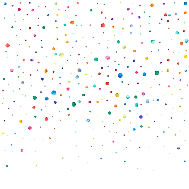 Confettis aquarelle sur fond blanc. Points de couleur arc-en-ciel réels. Carte lumineuse colorée carrée de célébration heureuse. Dignes confettis peints à la main.