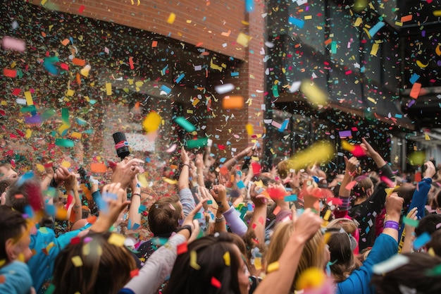 Des confettis colorés pleuvent sur une foule de personnes