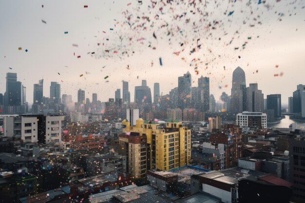 Confettis colorés tombant du ciel au-dessus du paysage urbain