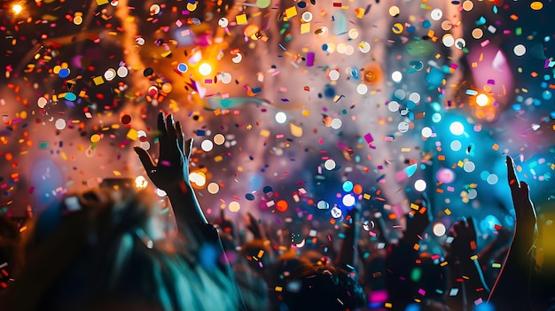 Des confettis colorés tombent sur la foule lors d'une photo de fête