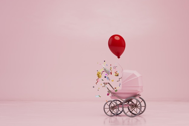 des confettis de jour de bébé, un ballon d'hélium rouge s'envolent sur un fond pastel avec une place pour une signature