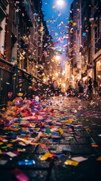 Des confettis multicolores dans l'air de la rue