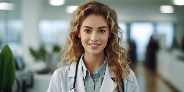 Confiante et compatissante une jolie femme médecin dans une clinique moderne Tenue professionnelle sourire chaleureux cadre médical avancé IA générative