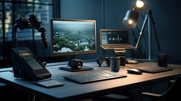 Une configuration de bureau à domicile minimaliste élégante pour un photographe avec un objectif de caméra d'ordinateur et un design intérieur moderne et propre