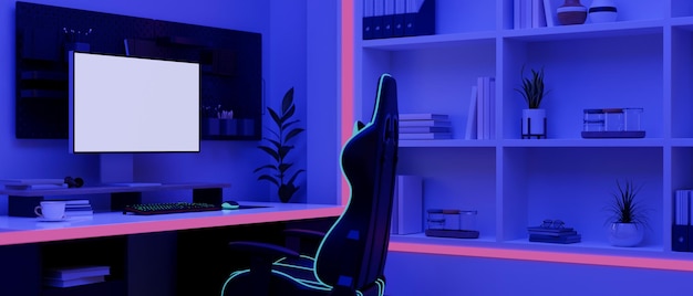 Configuration de bureau d'ordinateur de joueur moderne avec lumières RVB Chaise de jeu de maquette d'ordinateur PC